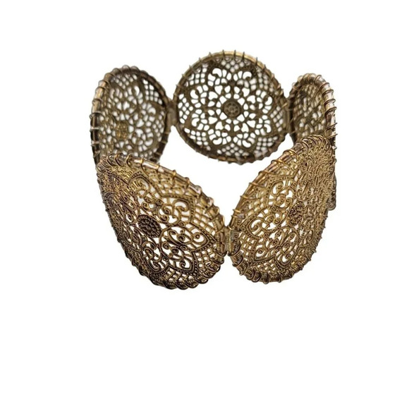 Filigree Gold Tone Medallion Vintage Metal Cuff Bracelet 1.75" Wide Boho - Picture 2 of 5